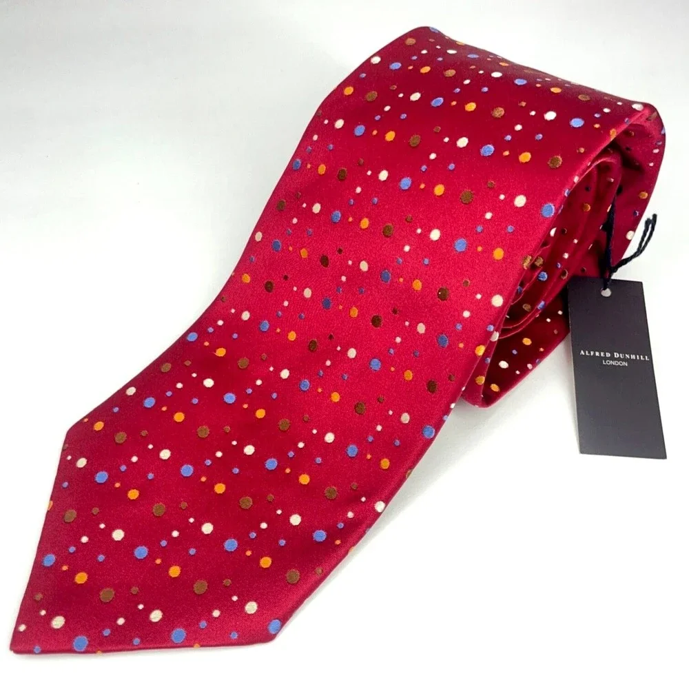 Alfred Dunhill Red Woven Hand Made Multicolor Dots All Silk Necktie Italy $245